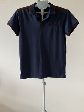 Marc Asher New York Men's Navy Polo Shirt Brown Trip Short Sleeve Small